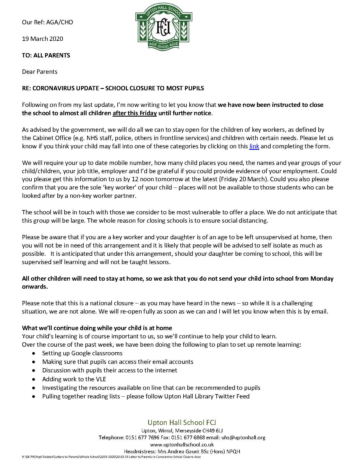 Upton Hall School - School Closure Letter